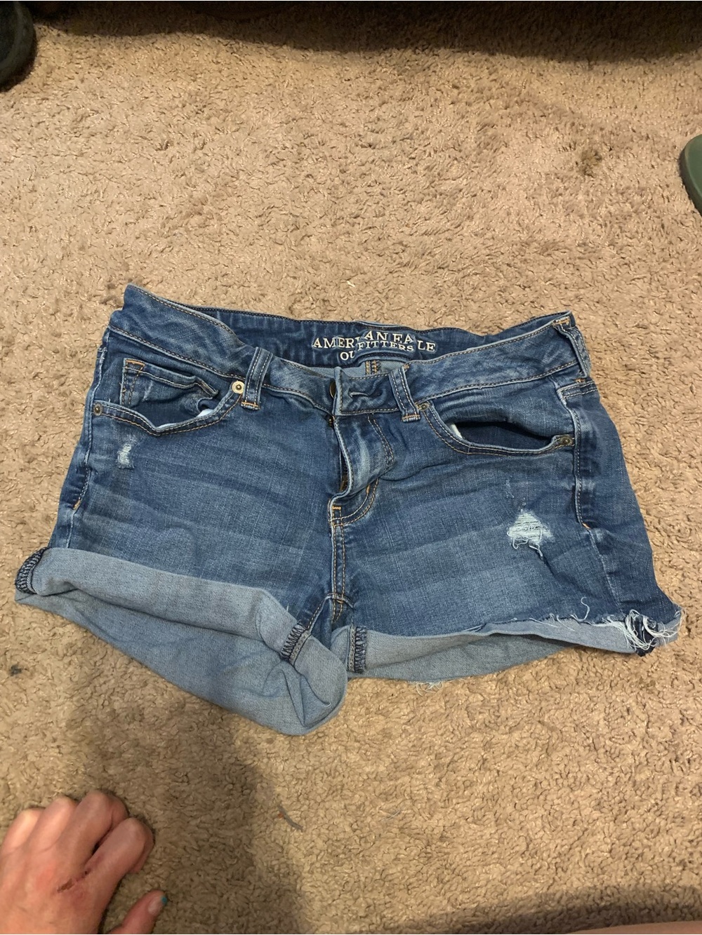 American Eagle Outfitters Dark Blue Distressed Roll-Cuff Jean Shorts